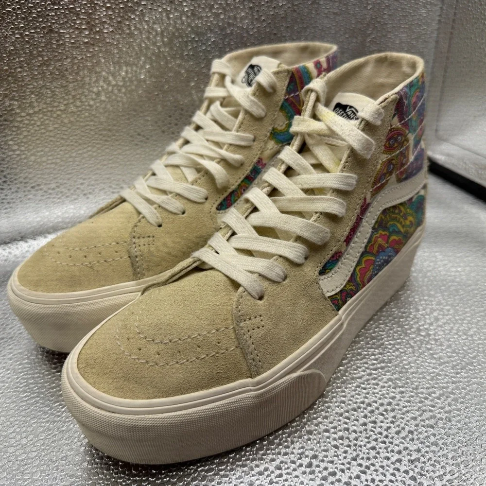 Size 8 Vans Sk8-Hi Stacked Sneakers Womens Tan Paisley Platform HighTop